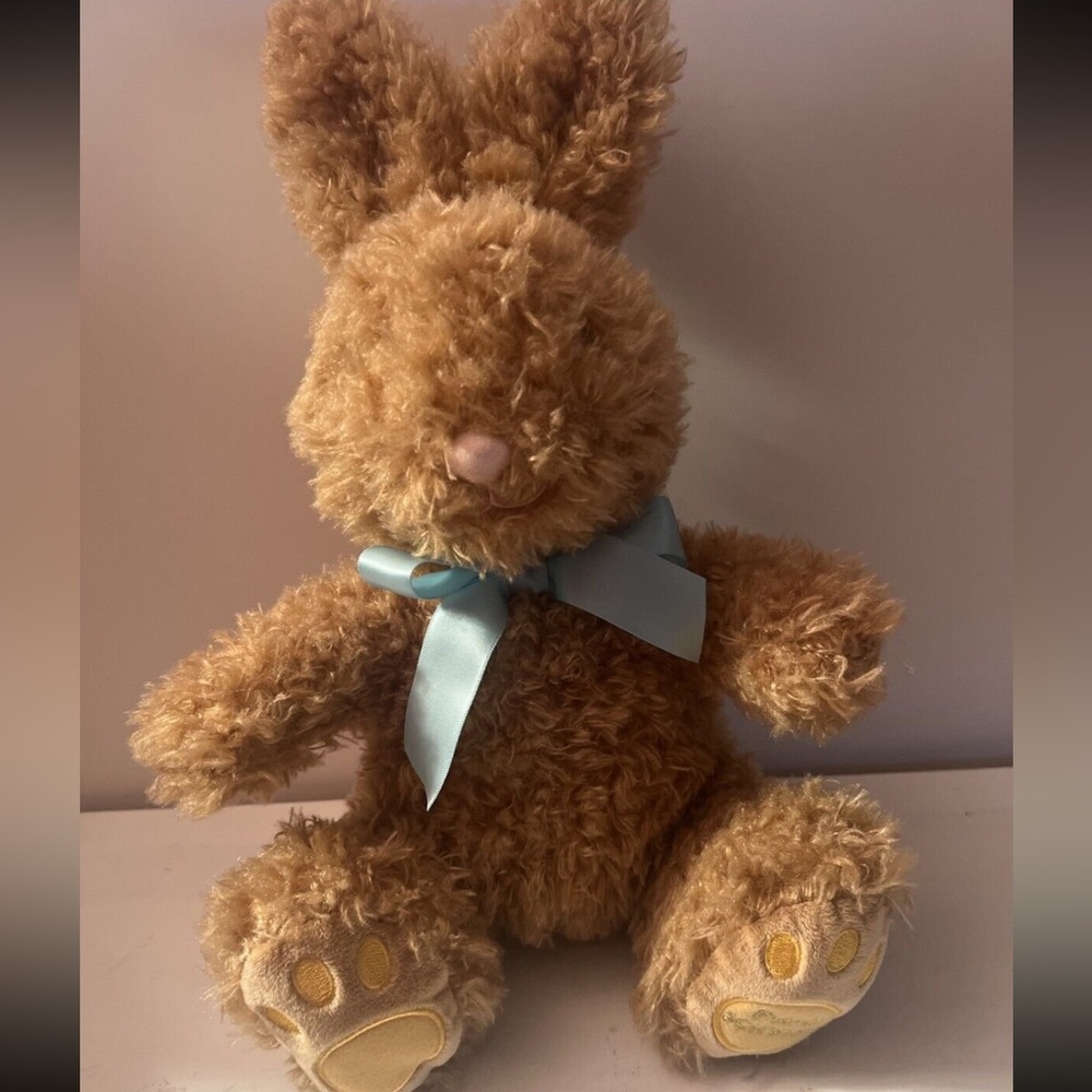 FAO Schwarz Fluffy Brown Easter Bunny Rabbit Plush Stuffed Animal Blue Bow